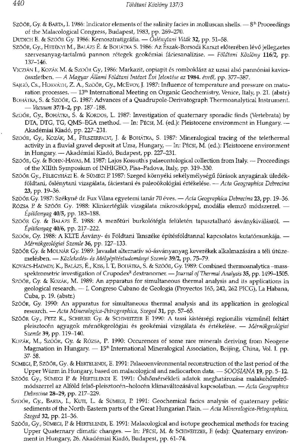 1986: Az Észak-Borsodi Karszt előterében lévő jellegzetes szervesanyag-tartalmú pannon rétegek geokémiai fáciesanalízise. Földtani Közlöny 116/2, pp. 137-146. VICZIÁN I., KOZÁK M.