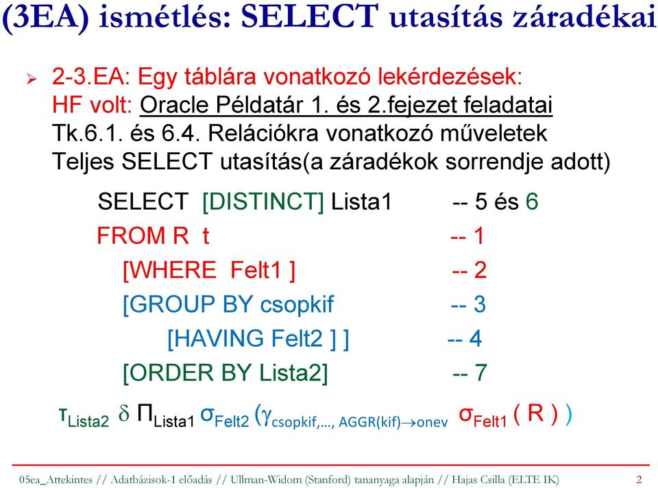 Relációkra vonatkozó műveletek Teljes SELECT utasítás(a záradékok sorrendje adott) SELECT [DISTINCT] Lista1 -- 5 és 6 FROM R t -- 1 [WHERE