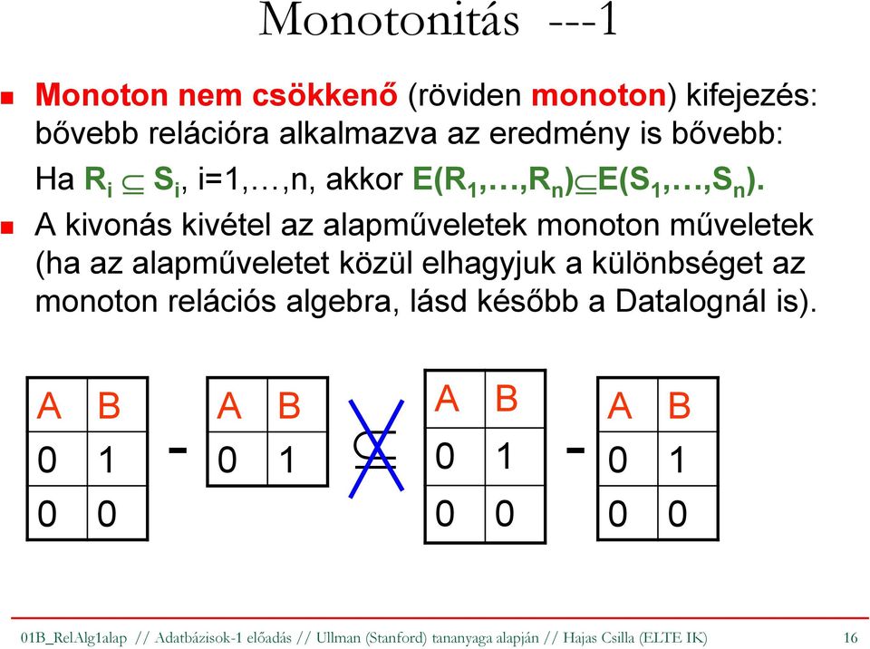 A kivonás kivétel az alapműveletek monoton műveletek (ha az alapműveletet közül elhagyjuk a különbséget az monoton