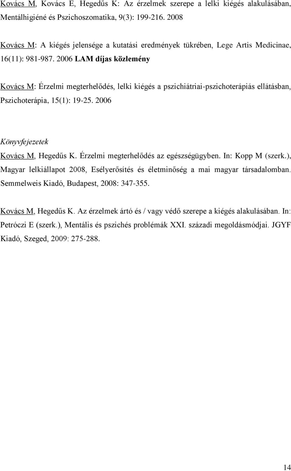 2006 LAM díjas közlemény Kovács M: Érzelmi megterhelődés, lelki kiégés a pszichiátriai-pszichoterápiás ellátásban, Pszichoterápia, 15(1): 19-25. 2006 Könyvfejezetek Kovács M, Hegedűs K.