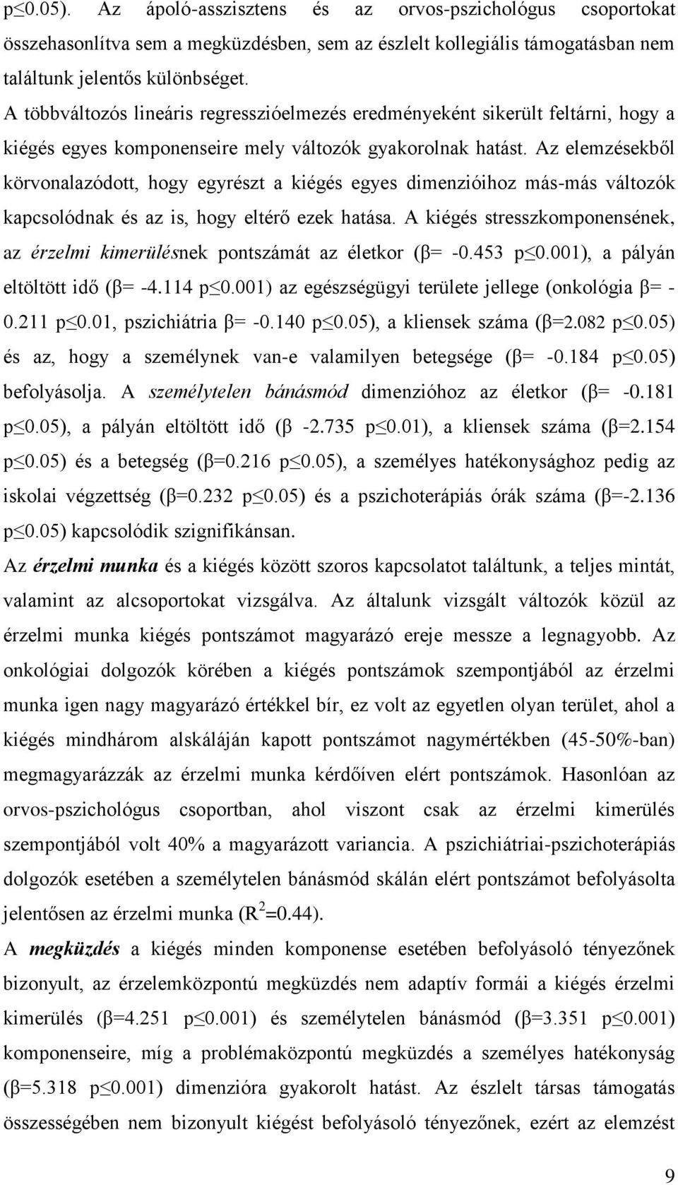 Az elemzésekből körvonalazódott, hogy egyrészt a kiégés egyes dimenzióihoz más-más változók kapcsolódnak és az is, hogy eltérő ezek hatása.