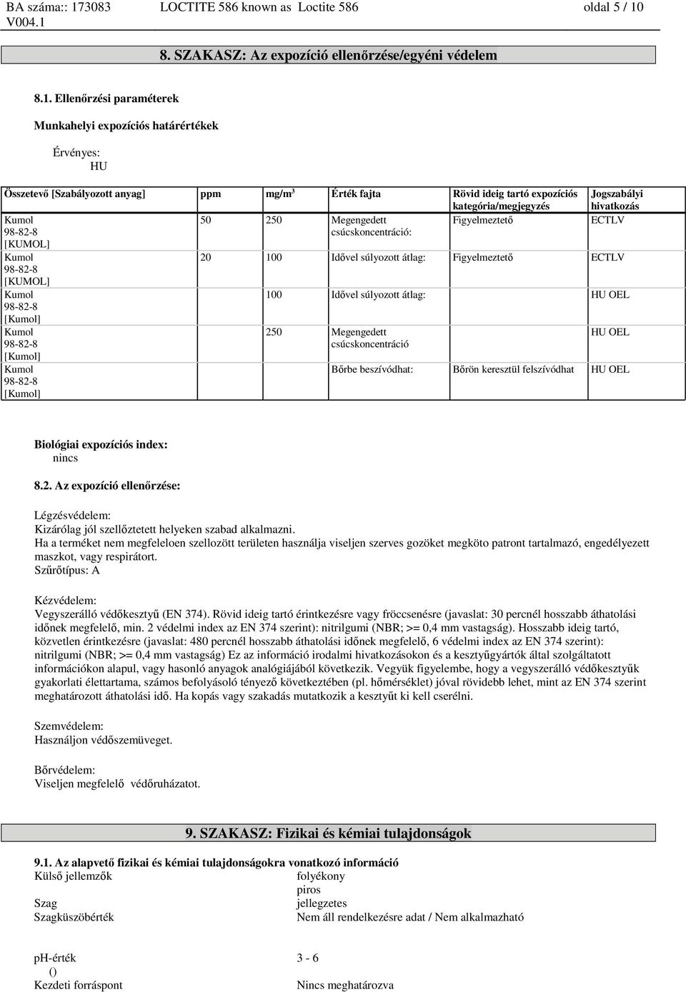 Ellenőrzési paraméterek Munkahelyi expozíciós határértékek Érvényes: HU Összetevő [Szabályozott anyag] ppm mg/m 3 Érték fajta Rövid ideig tartó expozíciós kategória/megjegyzés Jogszabályi hivatkozás