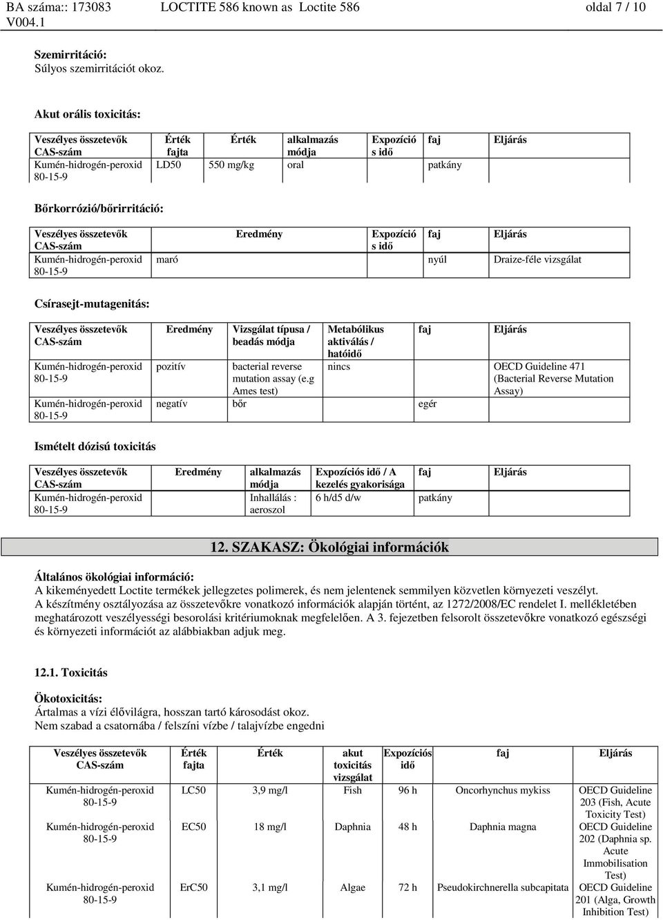 vizsgálat Csírasejt-mutagenitás: Eredmény Vizsgálat típusa / beadás módja pozitív bacterial reverse mutation assay (e.