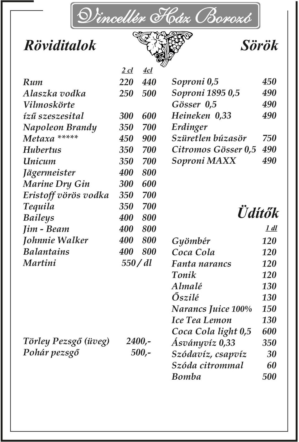 Soproni 0,5 Soproni 1895 0,5 Gösser 0,5 Heineken 0,33 Erdinger Szüretlen búzasör Citromos Gösser 0,5 Soproni MAXX 450 750 Üdítők 1 dl Gyömbér Coca Cola Fanta