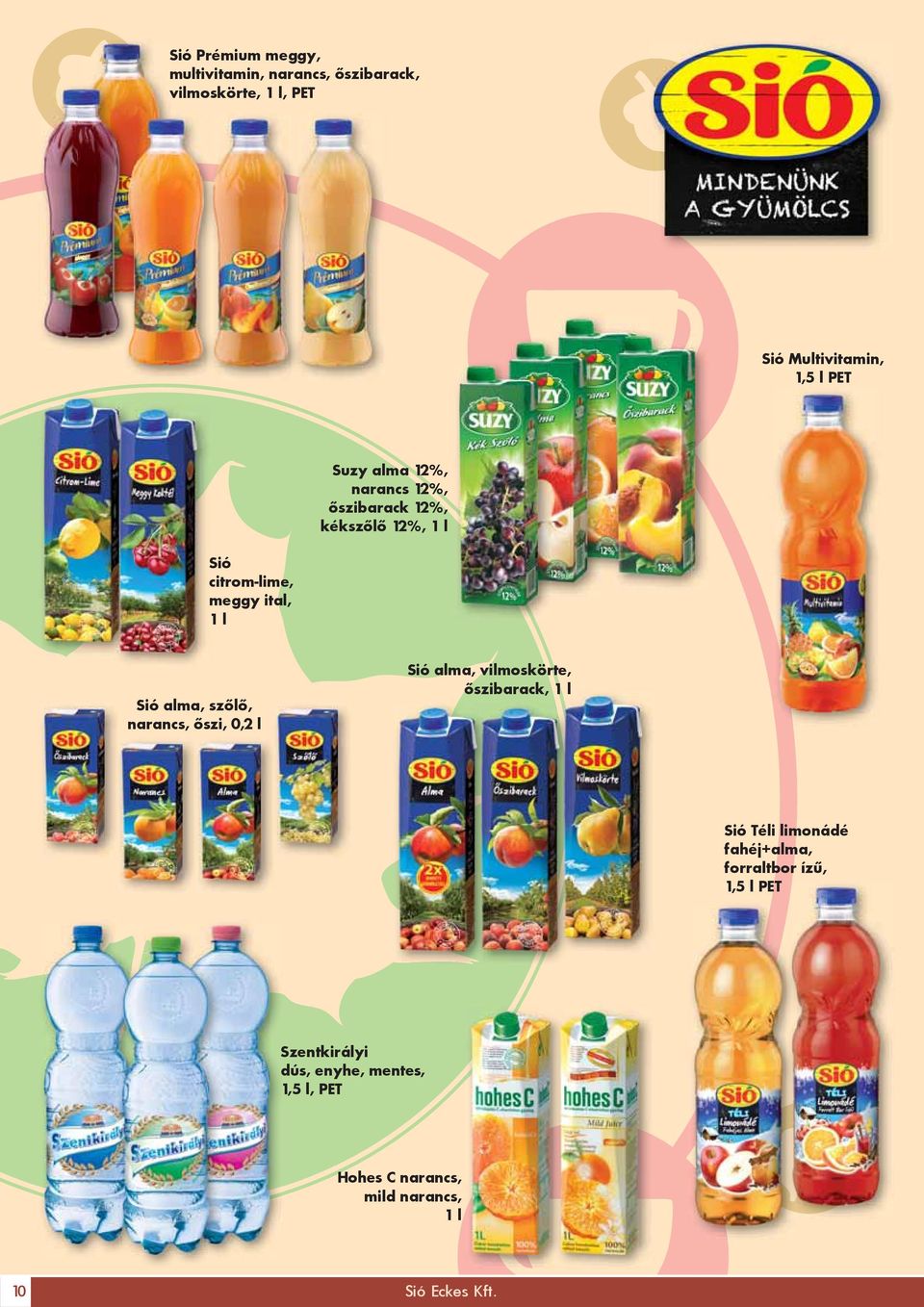 szőlő, narancs, őszi, 0,2 l Sió alma, vilmoskörte, őszibarack, 1 l Sió Téli limonádé fahéj+alma,