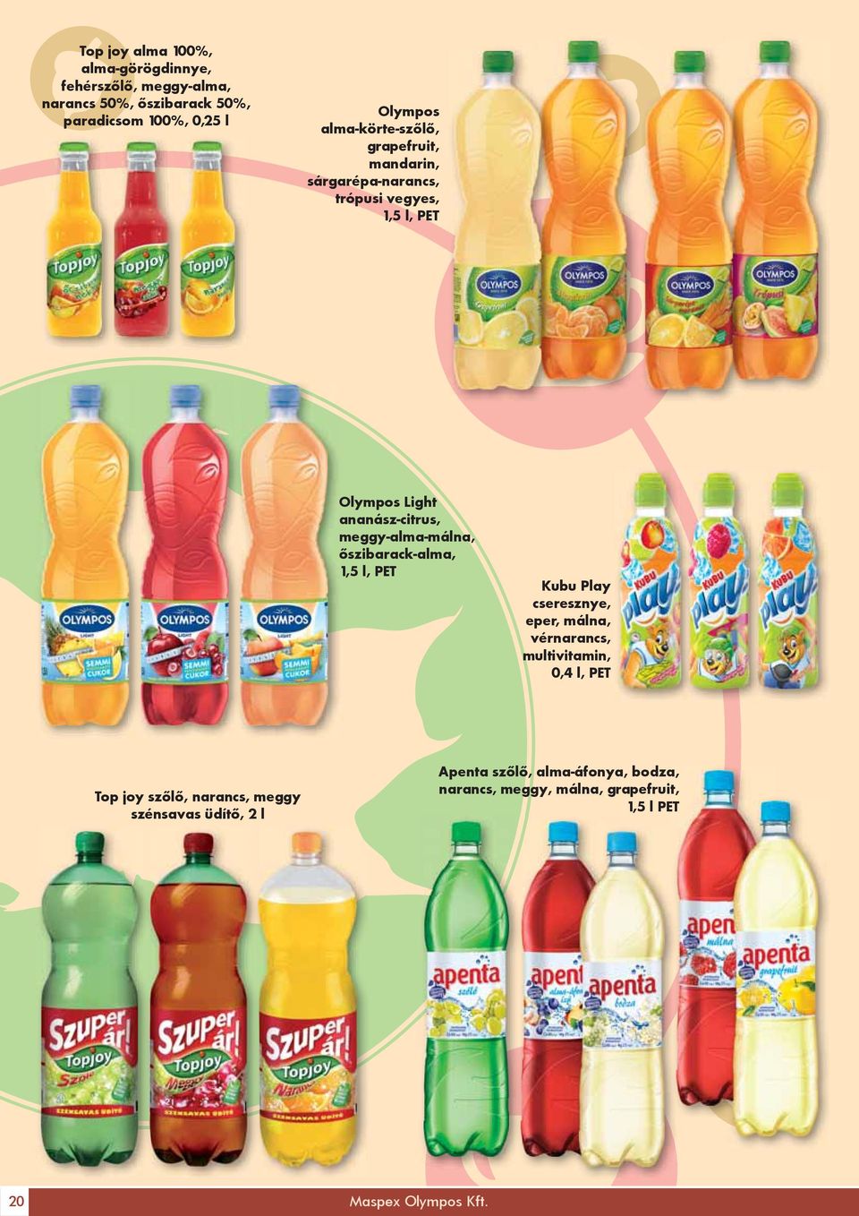 meggy-alma-málna, őszibarack-alma, 1,5 l, PET Kubu Play cseresznye, eper, málna, vérnarancs, multivitamin, 0,4 l, PET Top joy