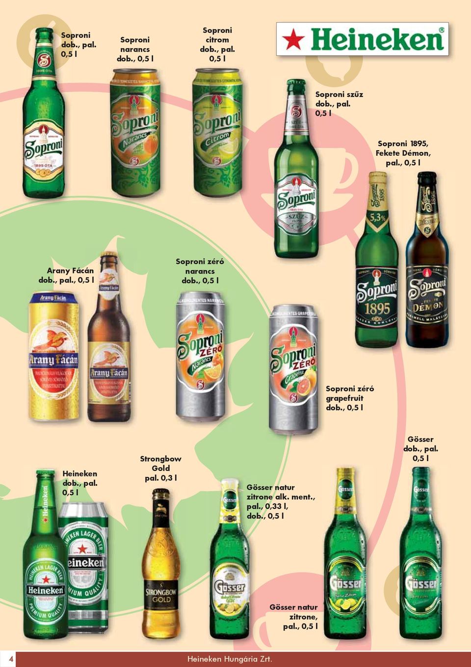 , 0,5 l Heineken dob., pal. 0,5 l Strongbow Gold pal. 0,3 l Gösser natur zitrone alk. ment., pal., 0,33 l, dob.