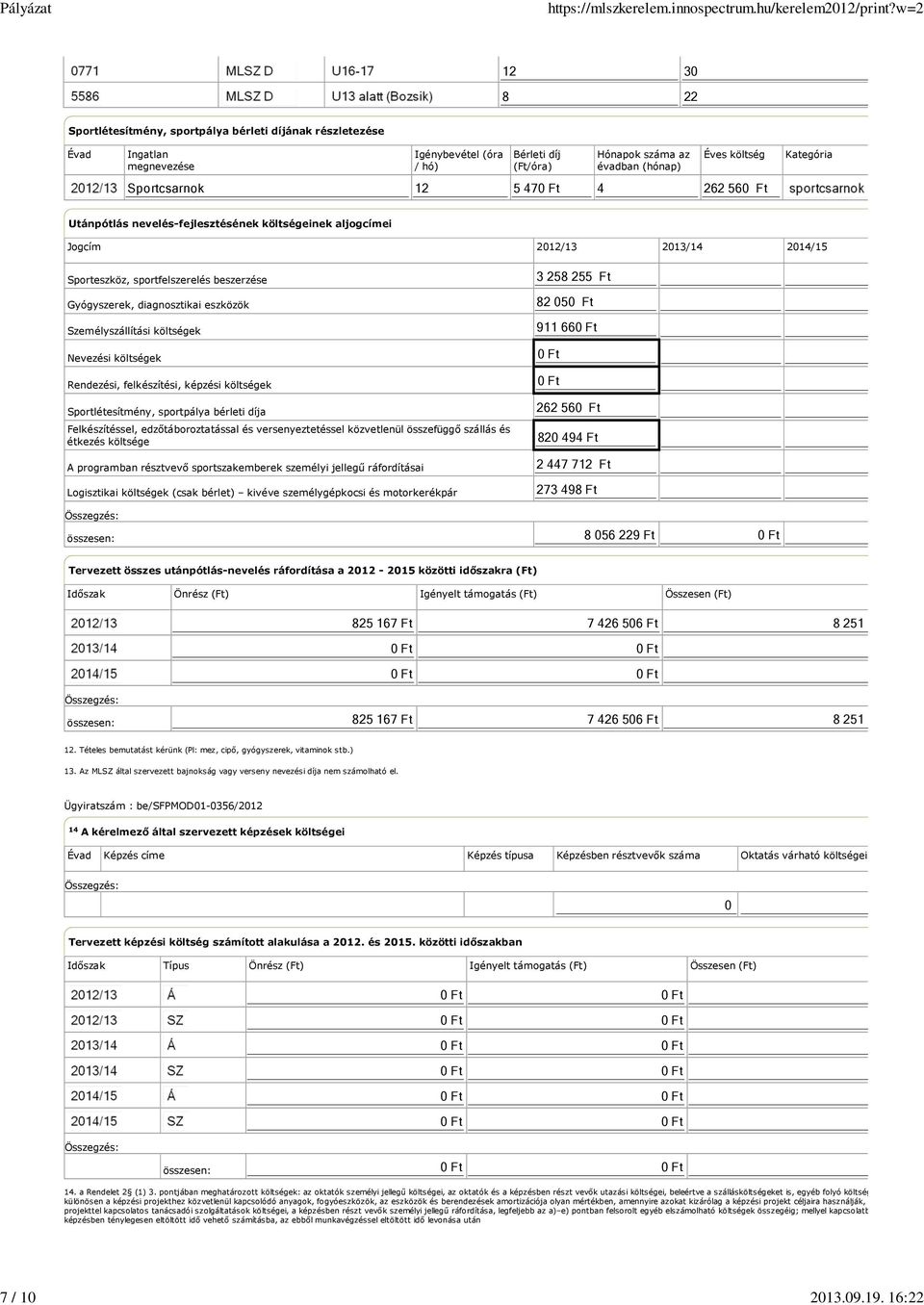 Sportcsarnok 12 5 470 Ft 4 262 560 Ft Kategória Utánpótlás nevelés-fejlesztésének költségeinek aljogcímei Jogcím 2012/13 2013/14 2014/15 Sporteszköz, sportfelszerelés beszerzése Gyógyszerek,