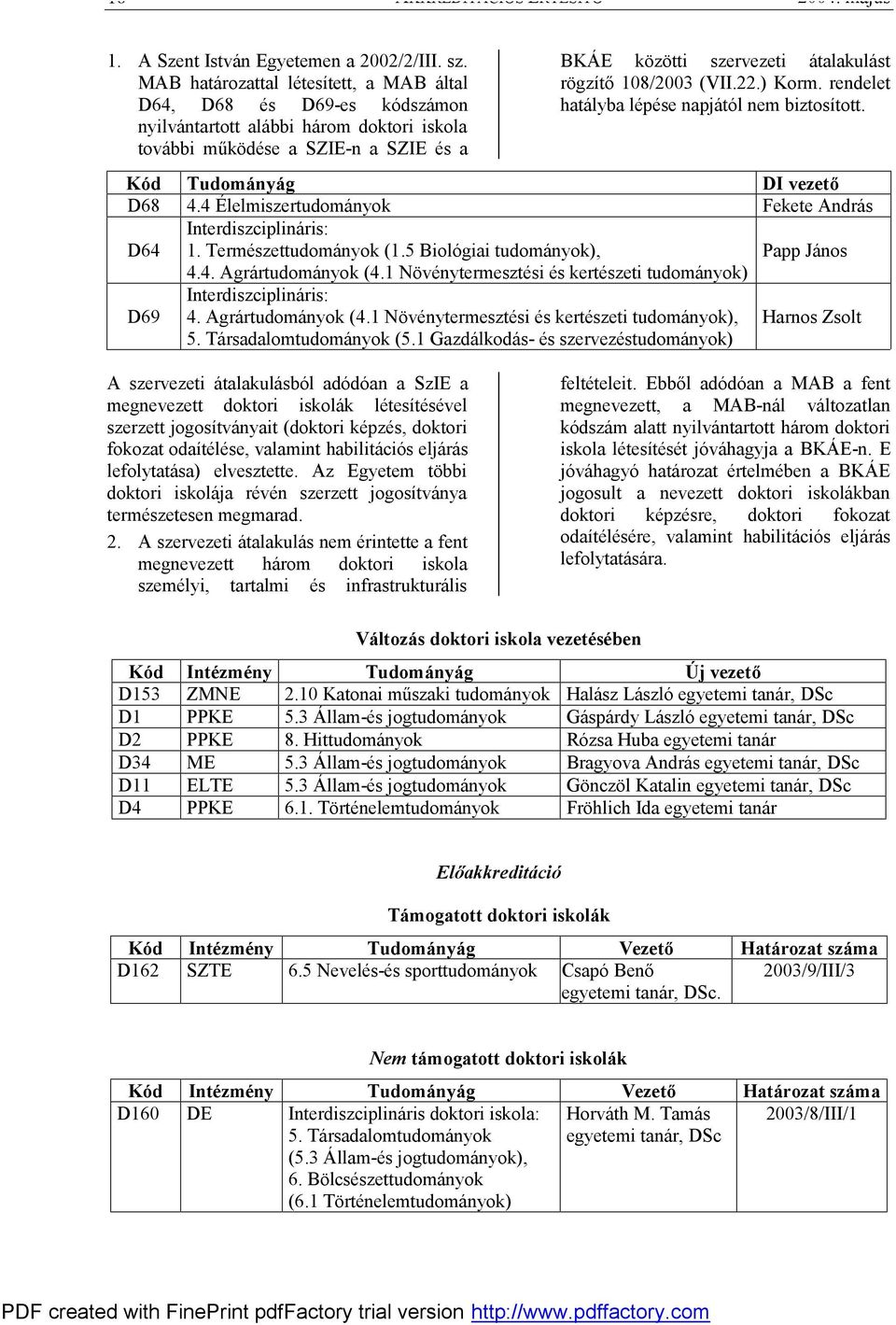 108/2003 (VII.22.) Korm. rendelet hatályba lépése napjától nem biztosított. Kód Tudományág DI vezető D68 4.4 Élelmiszertudományok Fekete András D64 Interdiszciplináris: 1. Természettudományok (1.