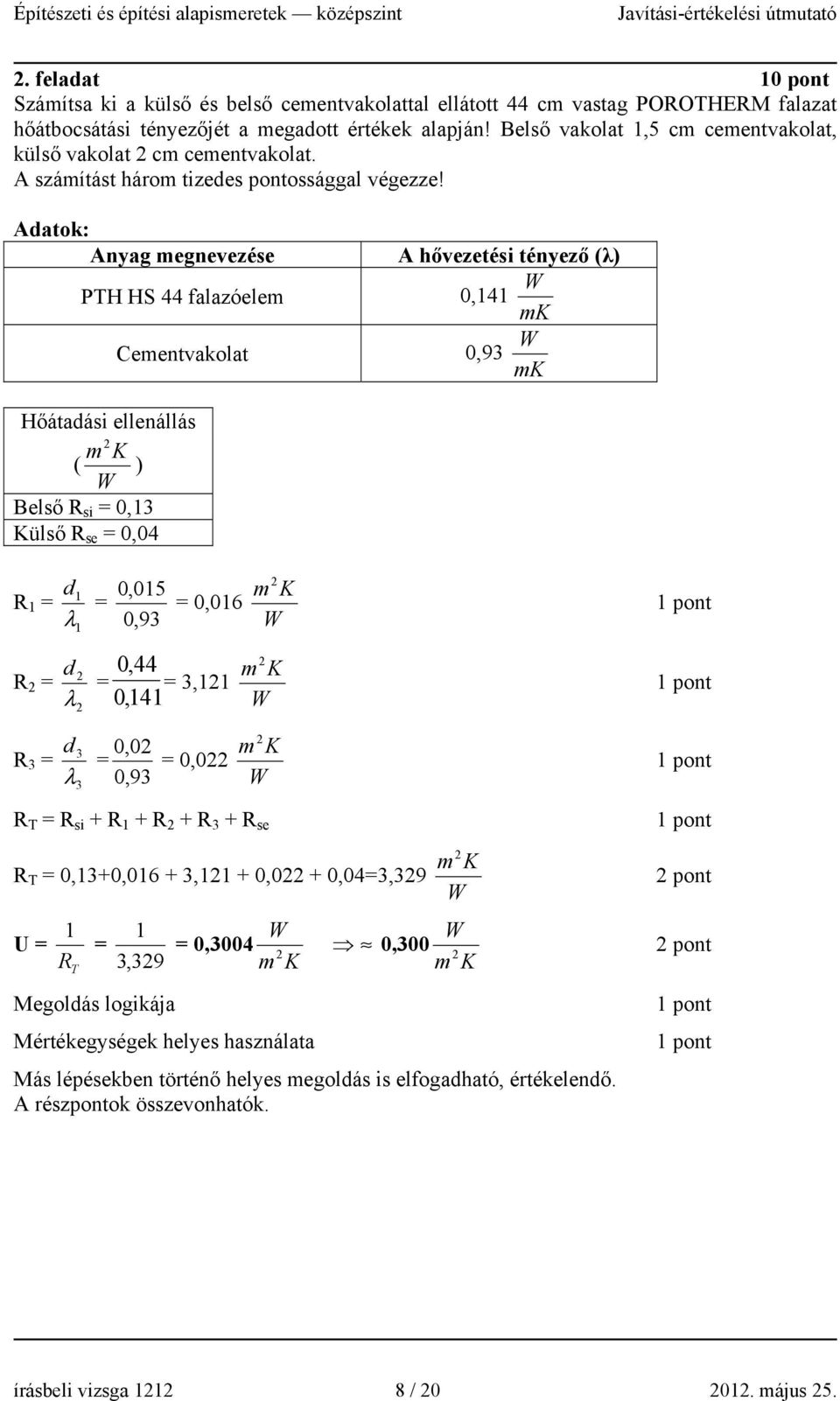 Adatok: Anyag megnevezése PTH HS 44 falazóelem Cementvakolat A hővezetési tényező (λ) W 0,141 mk W 0,93 mk Hőátadási ellenállás m 2 K ( ) W Belső R si = 0,13 Külső R se = 0,04 R 1 = R 2 = d 1 = λ1 0,