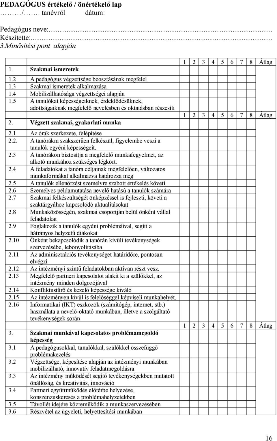 Végzett szakmai, gyakorlati munka 2.1 Az órák szerkezete, felépítése 2.2. A tanórákra szakszerűen felkészül, figyelembe veszi a tanulók egyéni képességeit. 2.3 A tanórákon biztosítja a megfelelő munkafegyelmet, az alkotó munkához szükséges légkört.