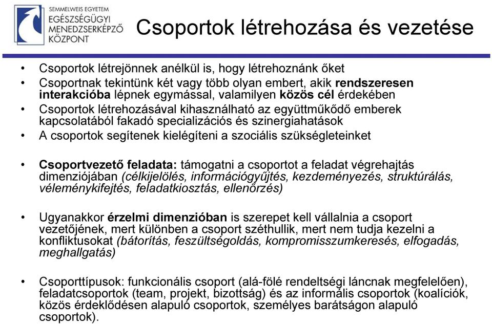 szükségleteinket Csoportvezető feladata: támogatni a csoportot a feladat végrehajtás dimenziójában (célkijelölés, információgyűjtés, kezdeményezés, struktúrálás, véleménykifejtés, feladatkiosztás,