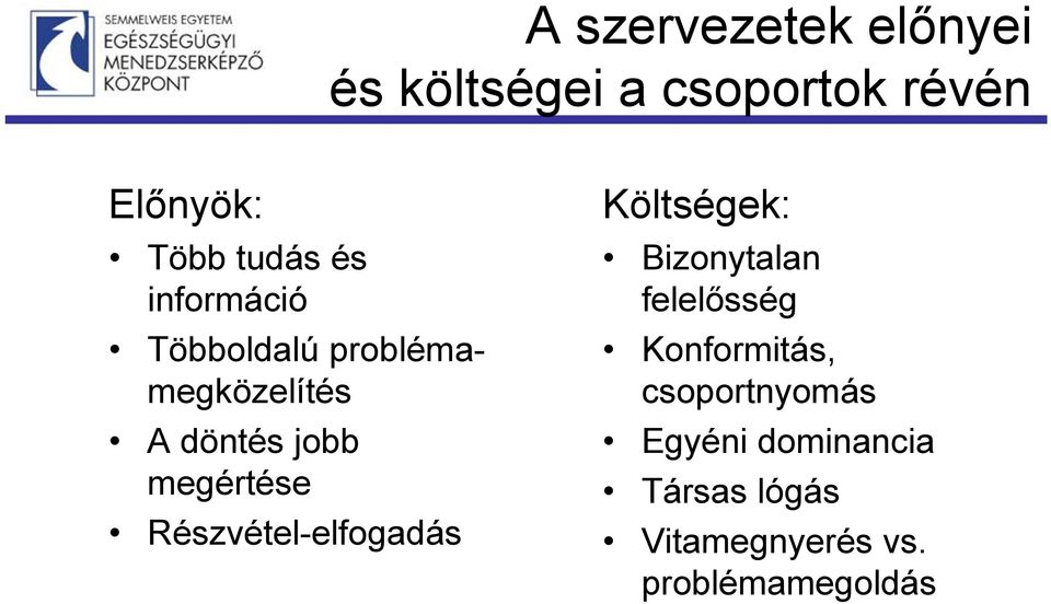 Részvétel-elfogadás Költségek: Bizonytalan felelősség Konformitás,