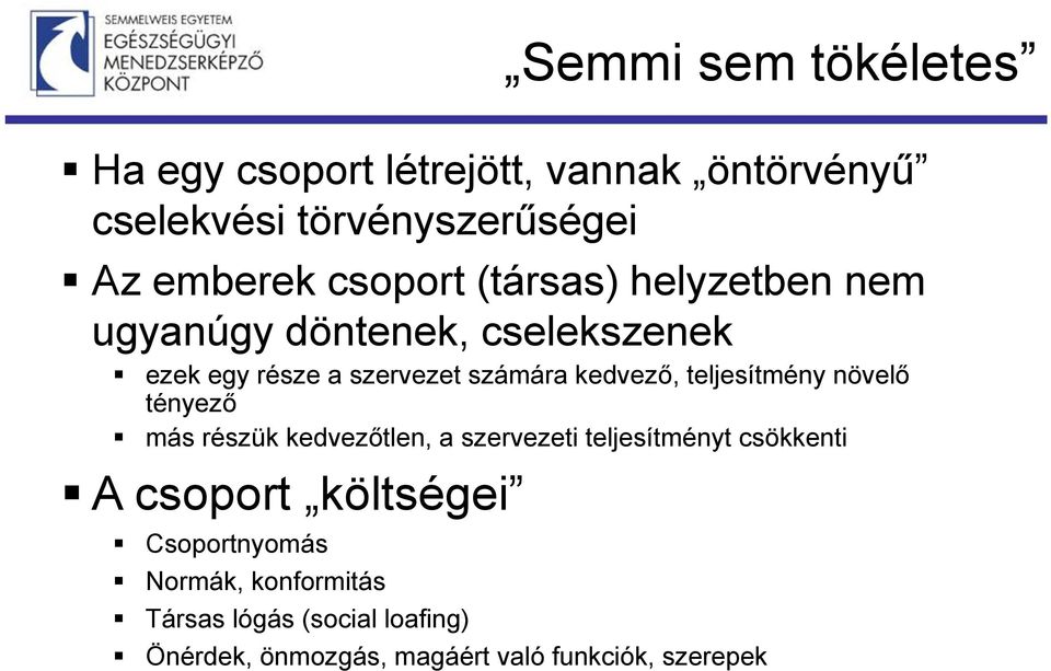 teljesítmény növelő tényező más részük kedvezőtlen, a szervezeti teljesítményt csökkenti A csoport költségei