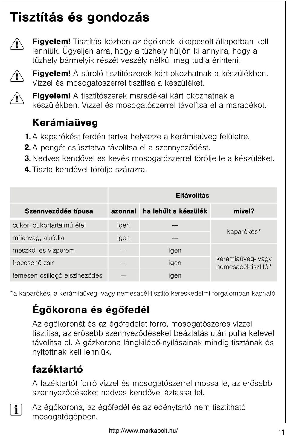 Vízzel és mosogatószerrel tisztítsa a készüléket. 1 Figyelem! A tisztítószerek maradékai kárt okozhatnak a készülékben. Vízzel és mosogatószerrel távolítsa el a maradékot. Kerámiaüveg 1.
