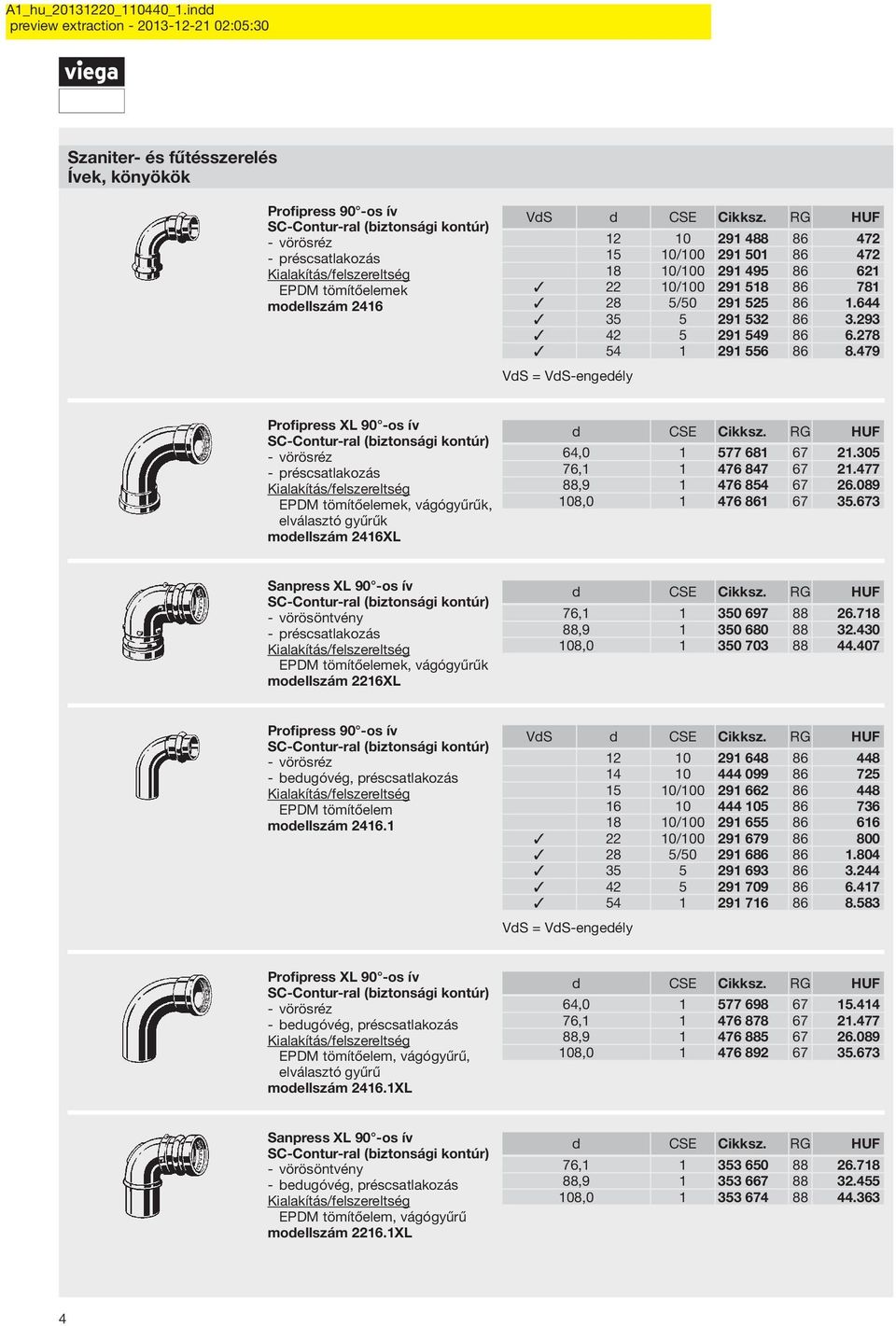 479 VdS = VdS-engedély Profipress XL 90 -os ív préscsatlakozás ek, vágógyűrűk, elválasztó gyűrűk modellszám 2416XL 64,0 1 577 681 67 21.305 76,1 1 476 847 67 21.477 88,9 1 476 854 67 26.