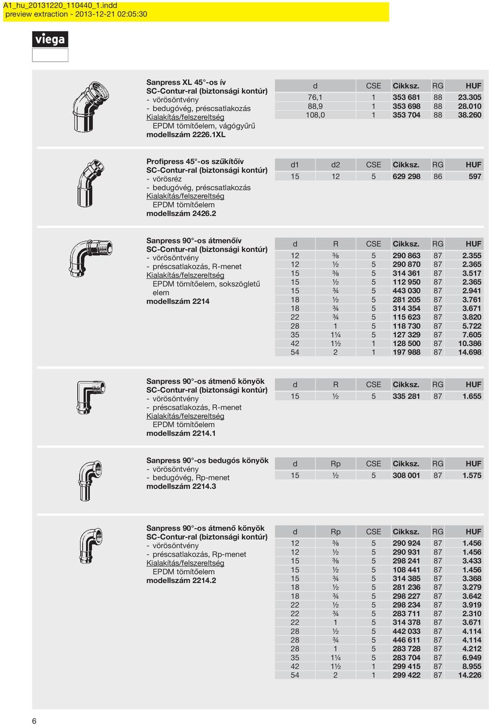 RG HUF 15 12 5 629 298 86 597 Sanpress 90 -os átmenőív vörösöntvény préscsatlakozás, R-menet, sokszögletű elem modellszám 2214 d R CSE Cikksz. RG HUF 12 ⅜ 5 290 863 87 2.355 12 ½ 5 290 870 87 2.