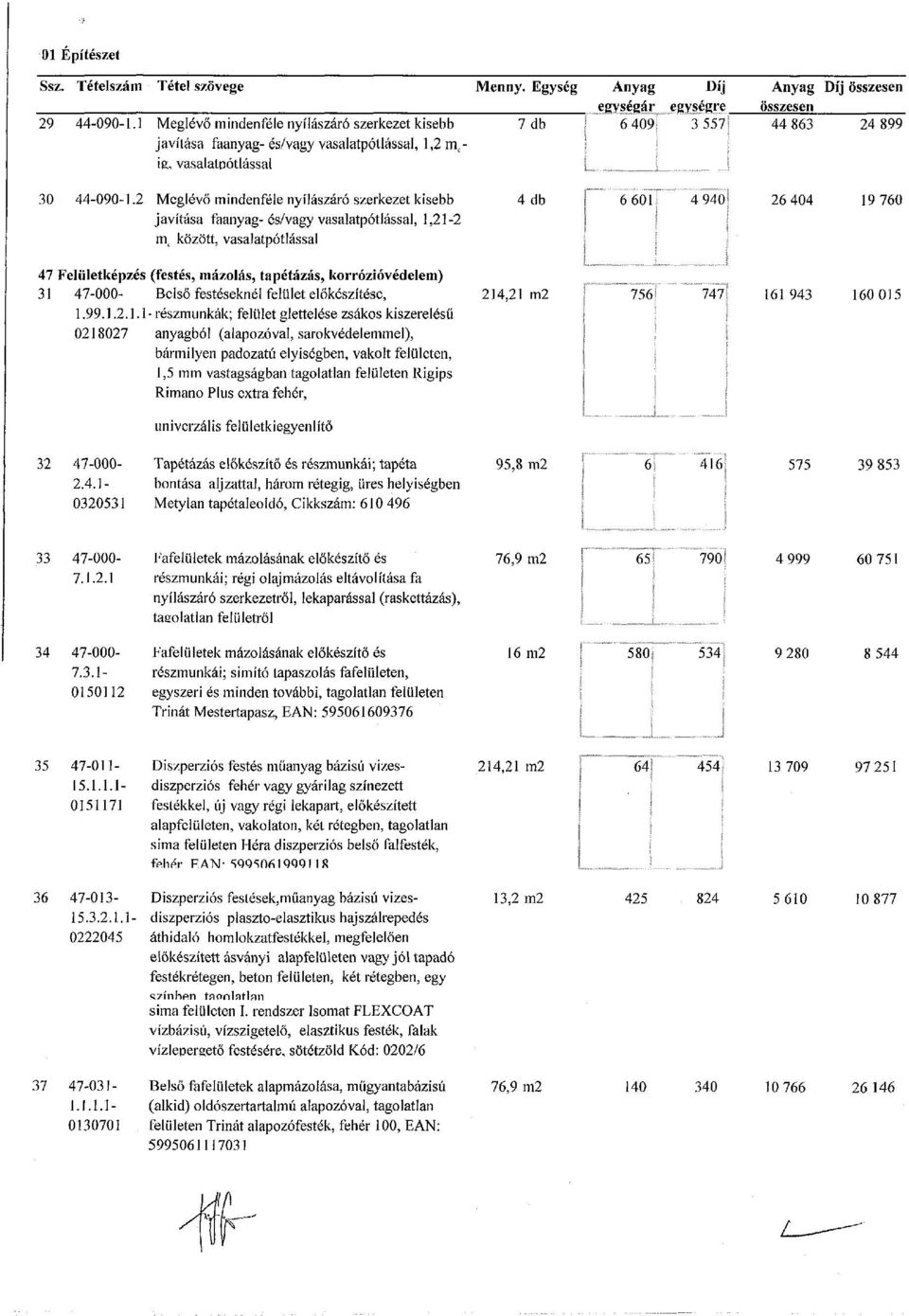 2 Meglévő mindenféle nyílászáró szerkezet kisebb javítása faanyag-és/vagy vasalatpótlással, 1,21-2 m ( között, vasalatpótlással 47 Felületképzés (festés, mázolás, tapétázás, korrózióvédelem) 31