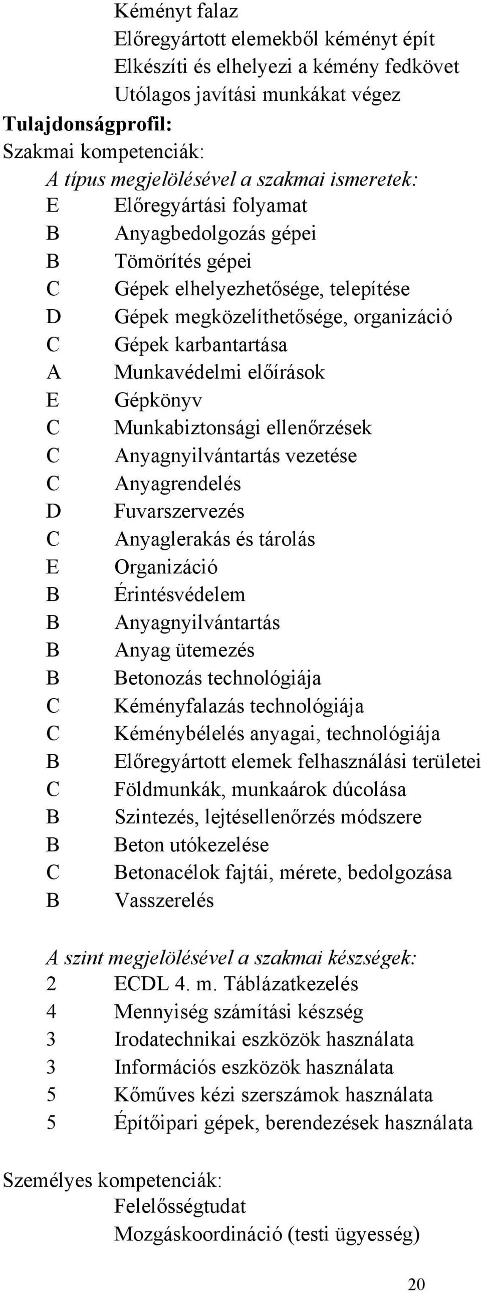 előírások E Gépkönyv C Munkabiztonsági ellenőrzések C Anyagnyilvántartás vezetése C Anyagrendelés D Fuvarszervezés C Anyaglerakás és tárolás E Organizáció B Érintésvédelem B Anyagnyilvántartás B