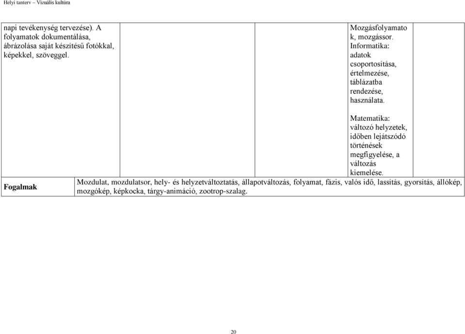 Fogalmak Matematika: változó helyzetek, időben lejátszódó történések megfigyelése, a változás kiemelése.