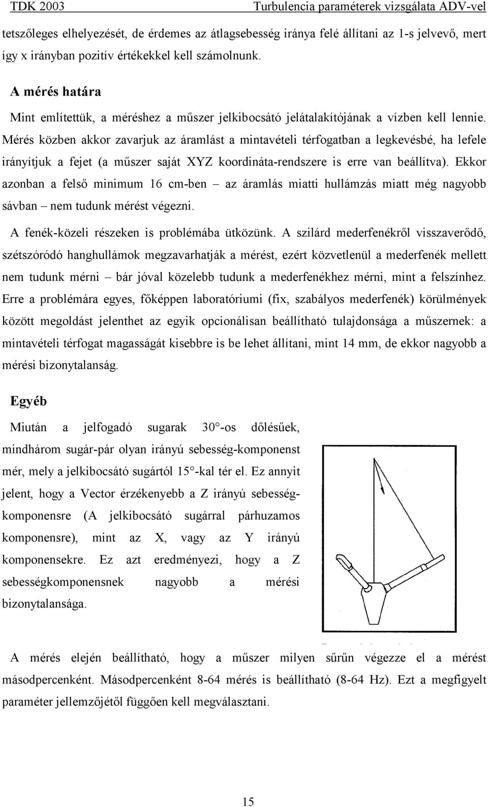 Mérés közben akkor zavarjuk az áramlást a mintavételi térfogatban a legkevésbé, ha lefele irányítjuk a fejet (a műszer saját XYZ koordináta-rendszere is erre van beállítva).