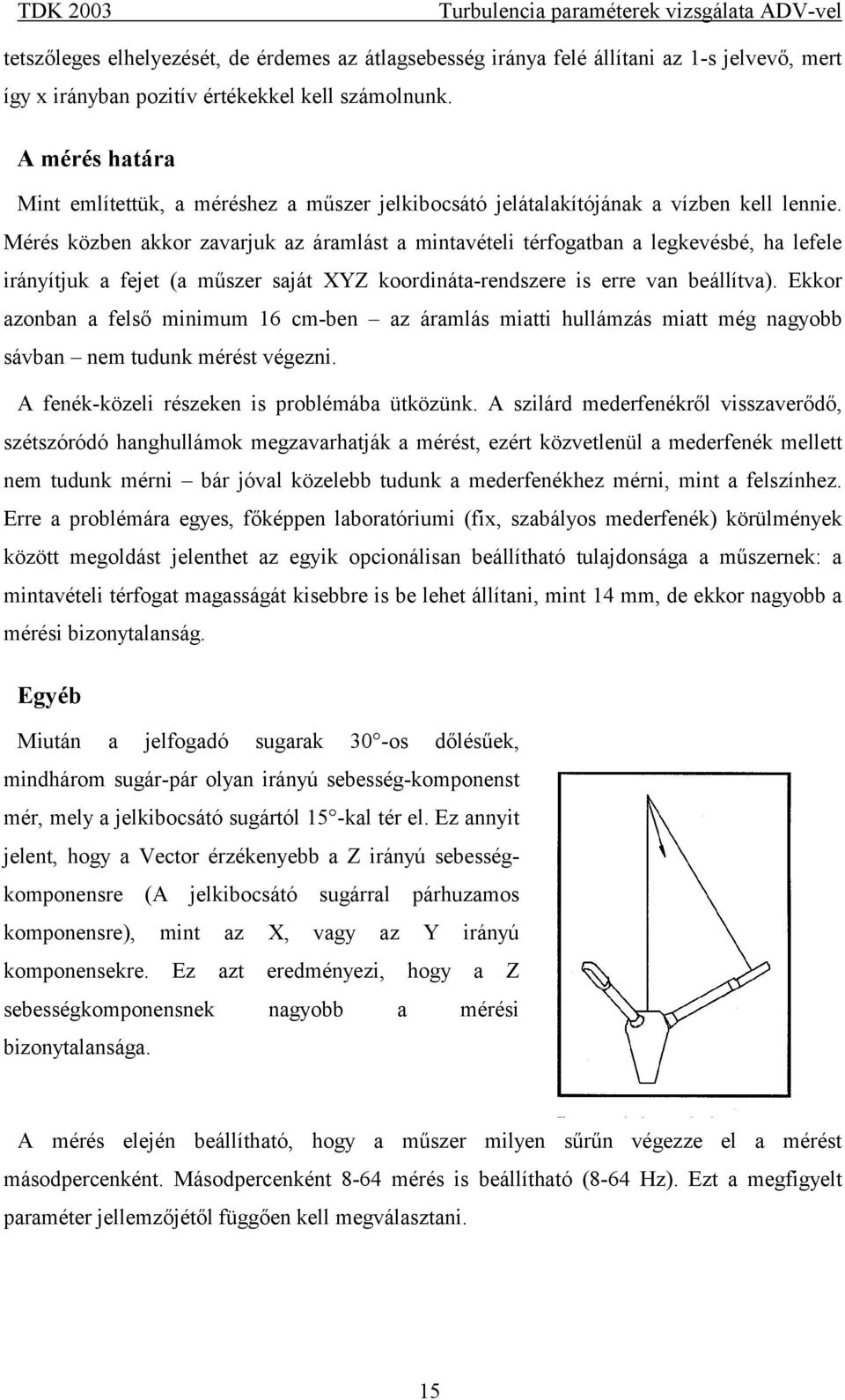 Mérés közben akkor zavarjuk az áramlást a mintavételi térfogatban a legkevésbé, ha lefele irányítjuk a fejet (a műszer saját XYZ koordináta-rendszere is erre van beállítva).