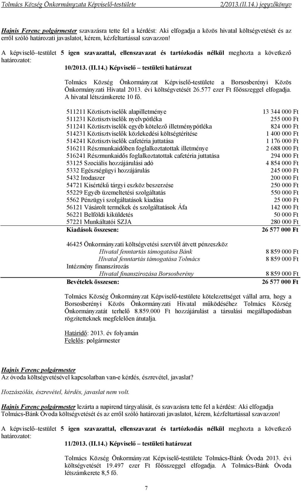 ) Képviselő testületi határozat Tolmács Község Önkormányzat Képviselő-testülete a Borsosberényi Közös Önkormányzati Hivatal 2013. évi költségvetését 26.577 ezer Ft főösszeggel elfogadja.