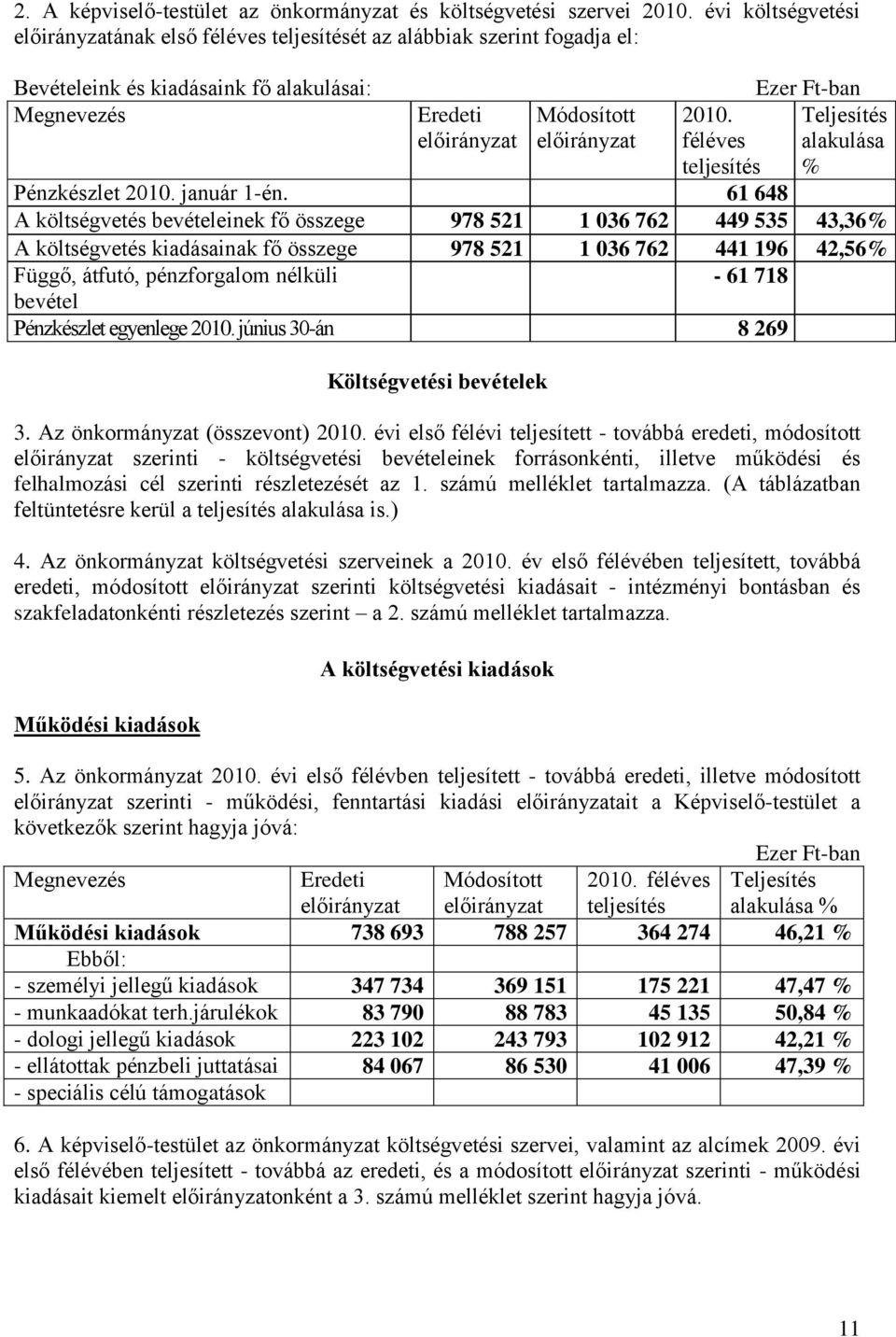 féléves teljesítés Ezer Ft-ban Teljesítés alakulása % Pénzkészlet 2010. január 1-én.