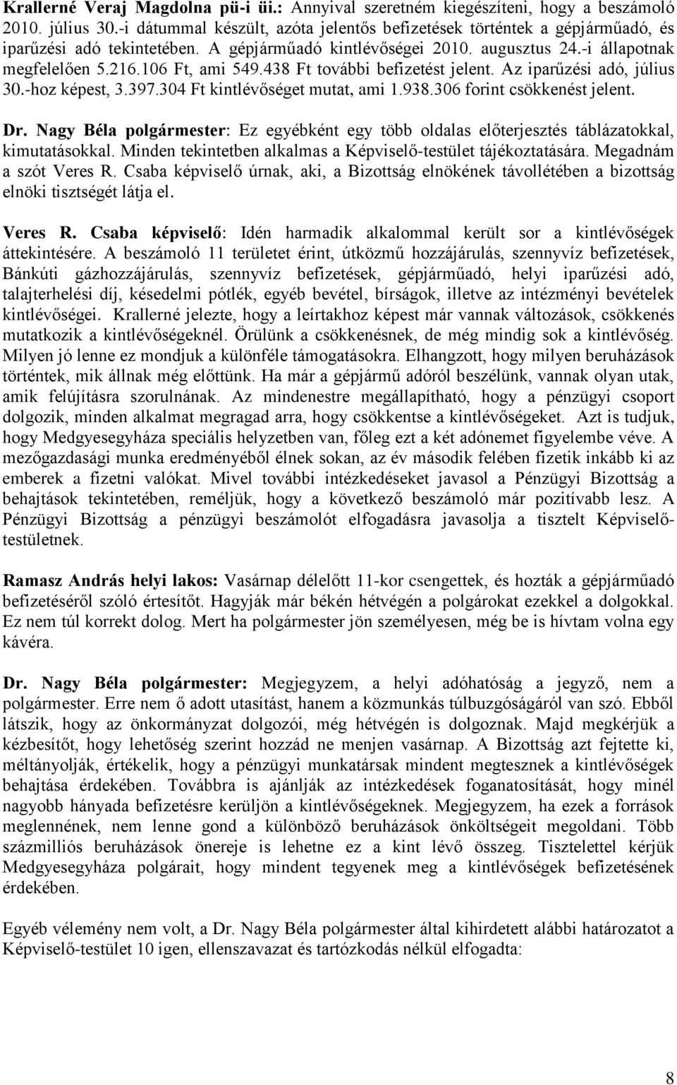 438 Ft további befizetést jelent. Az iparűzési adó, július 30.-hoz képest, 3.397.304 Ft kintlévőséget mutat, ami 1.938.306 forint csökkenést jelent. Dr.