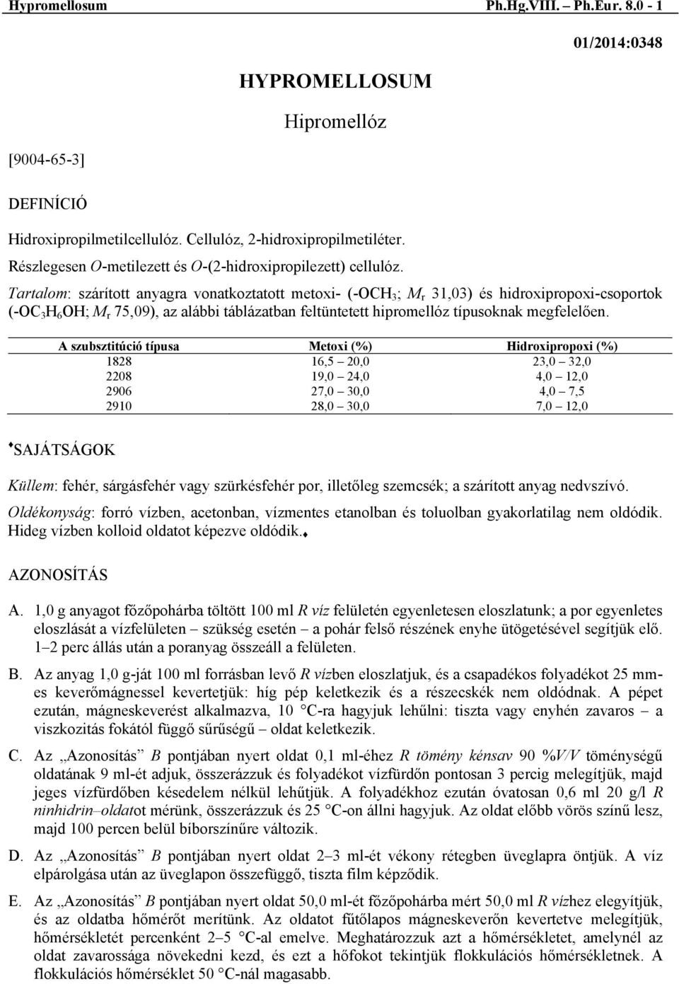 Tartalom: szárított anyagra vonatkoztatott metoxi- (-OCH 3 ; M r 31,03) és hidroxipropoxi-csoportok (-OC 3 H 6 OH; M r 75,09), az alábbi táblázatban feltüntetett hipromellóz típusoknak megfelelően.