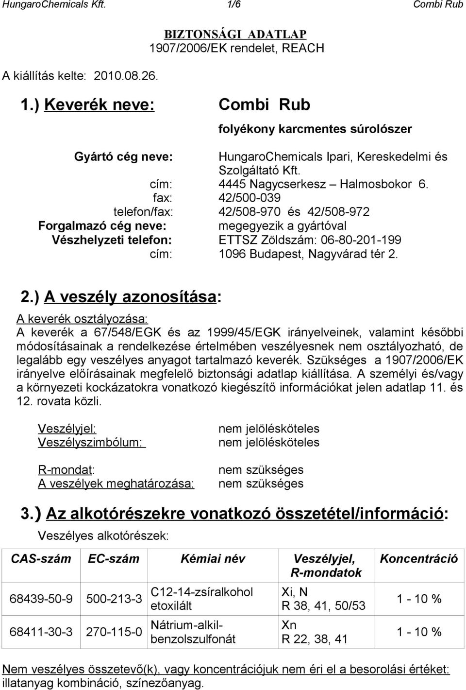 fax: 42/500-039 telefon/fax: 42/508-970 és 42/508-972 Forgalmazó cég neve: megegyezik a gyártóval Vészhelyzeti telefon: ETTSZ Zöldszám: 06-80-201-199 cím: 1096 Budapest, Nagyvárad tér 2.