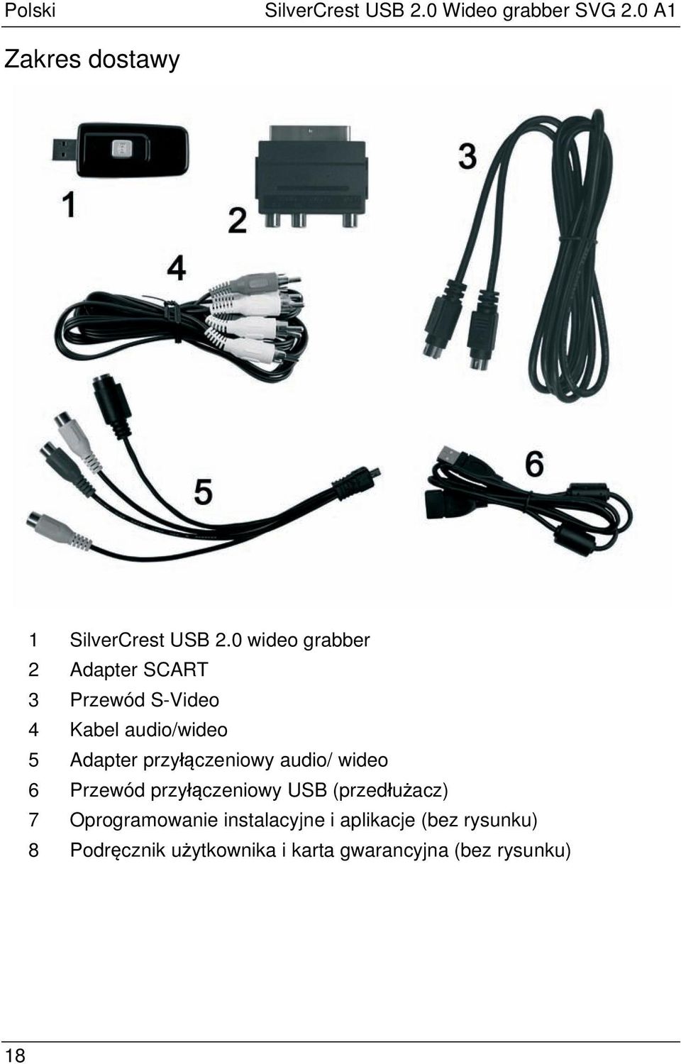 przyłączeniowy audio/ wideo 6 Przewód przyłączeniowy USB (przedłużacz) 7 Oprogramowanie