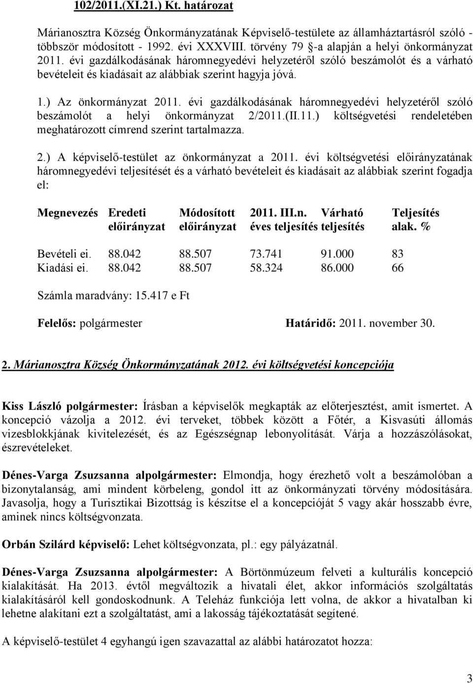 ) Az önkormányzat 2011. évi gazdálkodásának háromnegyedévi helyzetéről szóló beszámolót a helyi önkormányzat 2/2011.(II.11.) költségvetési rendeletében meghatározott címrend szerint tartalmazza. 2.) A képviselő-testület az önkormányzat a 2011.