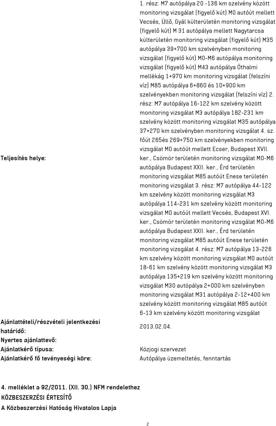 külterületén monitoring vizsgálat (figyelő kút) M35 autópálya 39+700 km szelvényben monitoring vizsgálat (figyelő kút) M0-M6 autópálya monitoring vizsgálat (figyelő kút) M43 autópálya Öthalmi