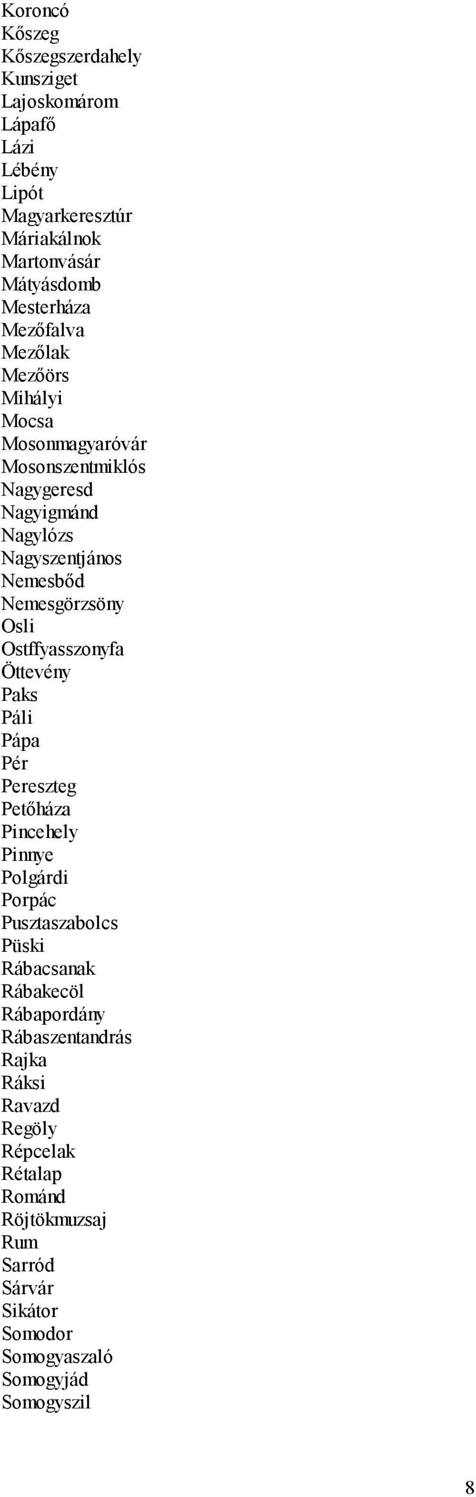 Ostffyasszonyfa Öttevény Paks Páli Pápa Pér Pereszteg Petőháza Pincehely Pinnye Polgárdi Porpác Pusztaszabolcs Püski Rábacsanak Rábakecöl