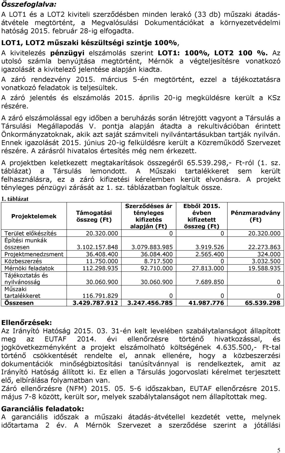 Az utolsó számla benyújtása megtörtént, Mérnök a végteljesítésre vonatkozó igazolását a kivitelező jelentése alapján kiadta. A záró rendezvény 2015.