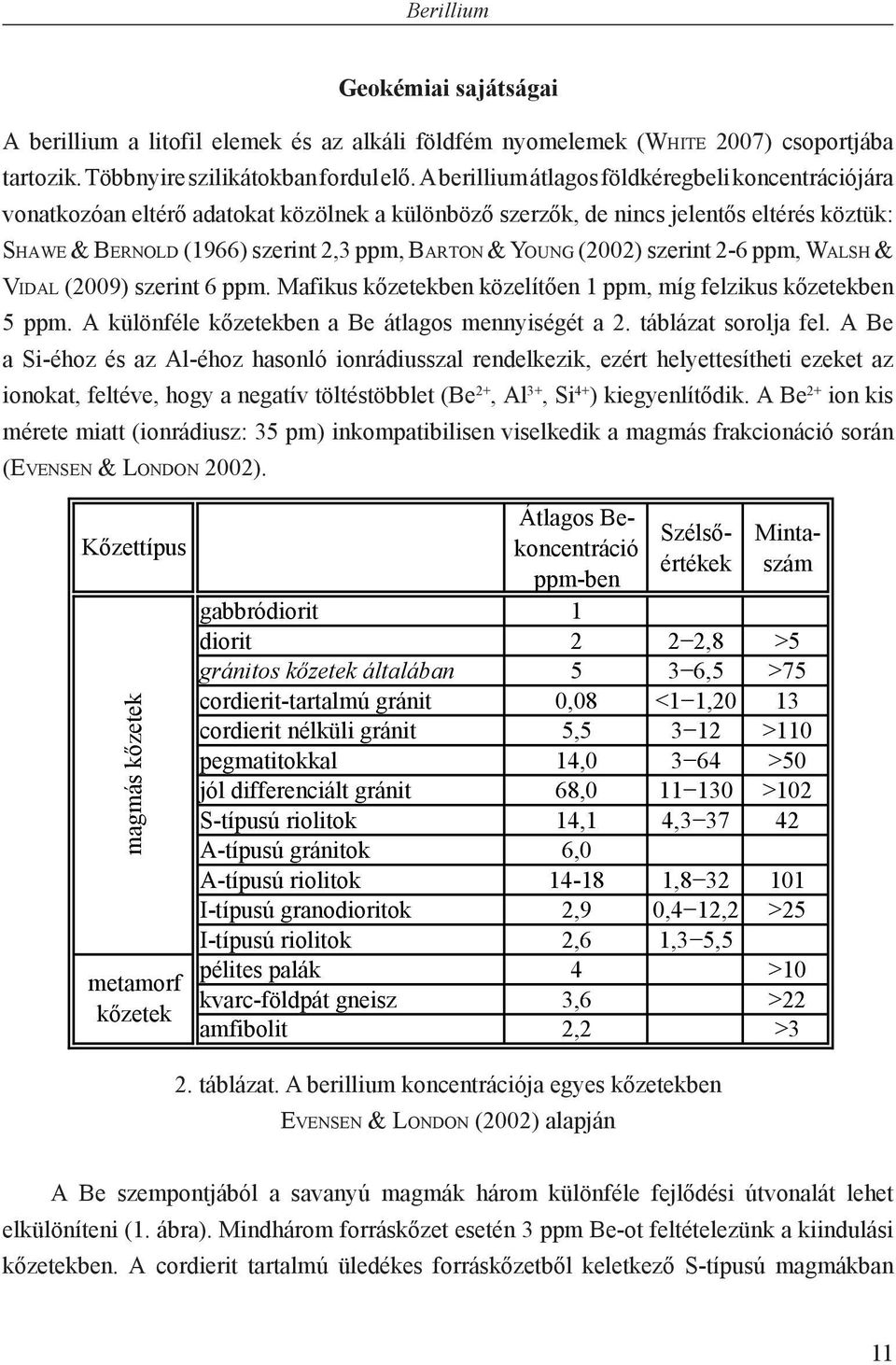 (2002) szerint 2-6 ppm, Walsh & Vidal (2009) szerint 6 ppm. Mafikus kőzetekben közelítően 1 ppm, míg felzikus kőzetekben 5 ppm. A különféle kőzetekben a Be átlagos mennyiségét a 2.