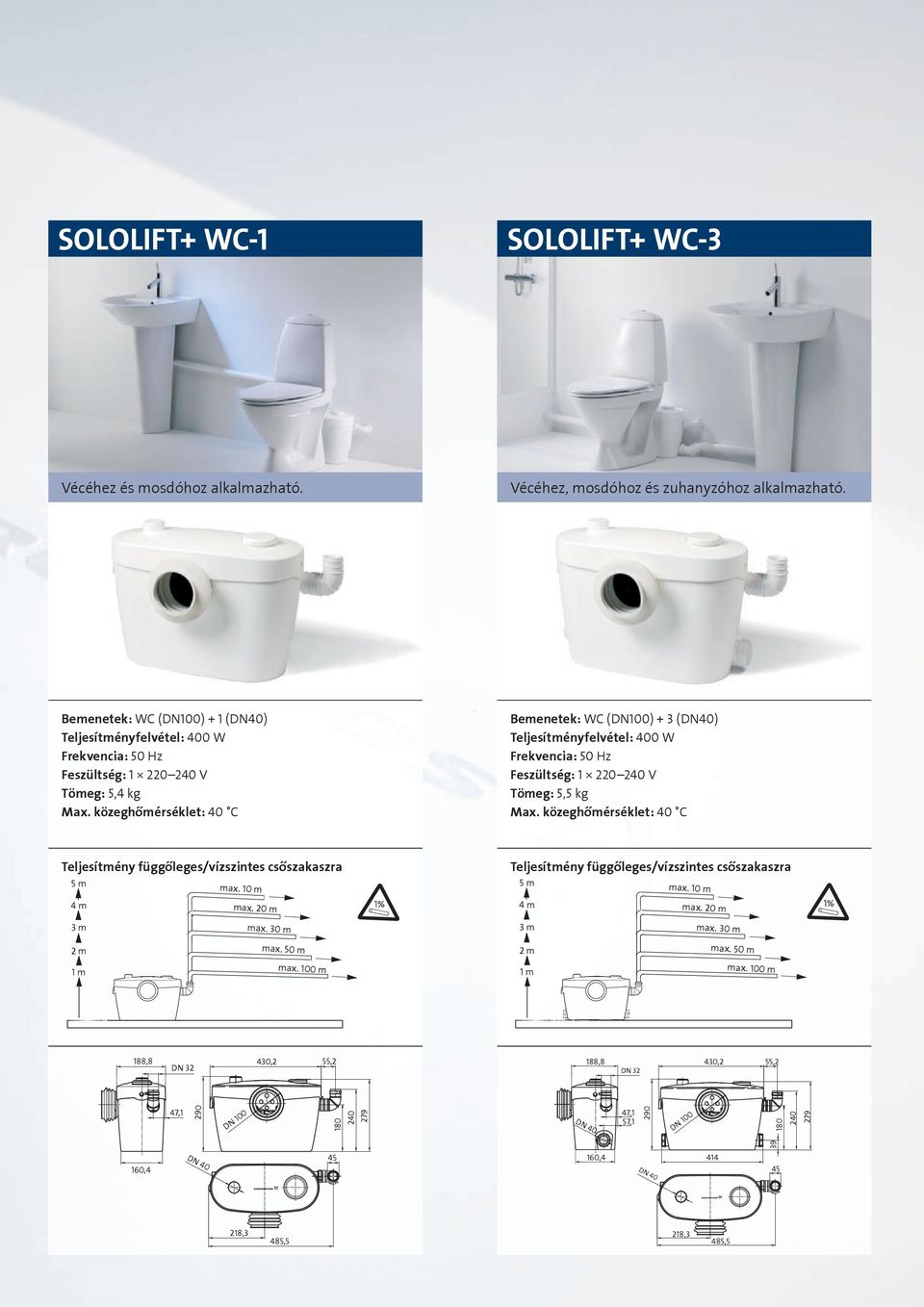 Bemenetek: WC (DN100) + 1 (DN40) Teljesítményfelvétel: 400 W Tömeg: 5,4 kg Bemenetek: WC (DN100) + 3