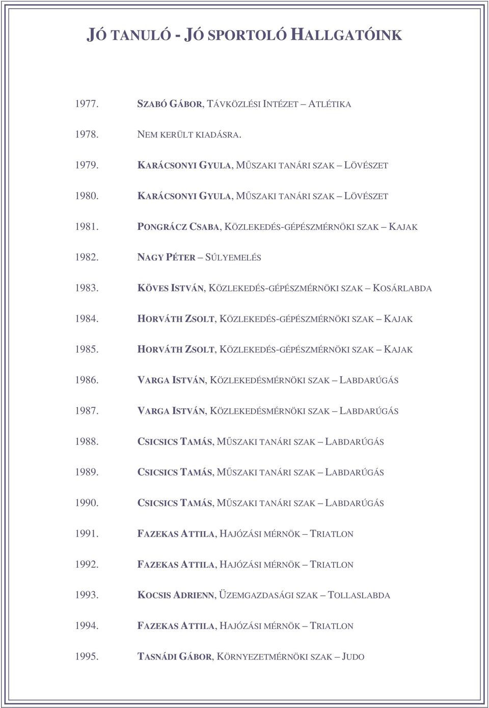HORVÁTH ZSOLT, KÖZLEKEDÉS-GÉPÉSZMÉRNÖKI SZAK KAJAK 1985. HORVÁTH ZSOLT, KÖZLEKEDÉS-GÉPÉSZMÉRNÖKI SZAK KAJAK 1986. VARGA ISTVÁN, KÖZLEKEDÉSMÉRNÖKI SZAK LABDARÚGÁS 1987.