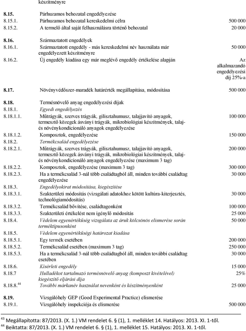 Új engedély kiadása egy már meglévő engedély értékelése alapján Az alkalmazandó engedélyezési díj 25%-a 8.17. Növényvédőszer-maradék határérték megállapítása, módosítása 500 000 8.18.