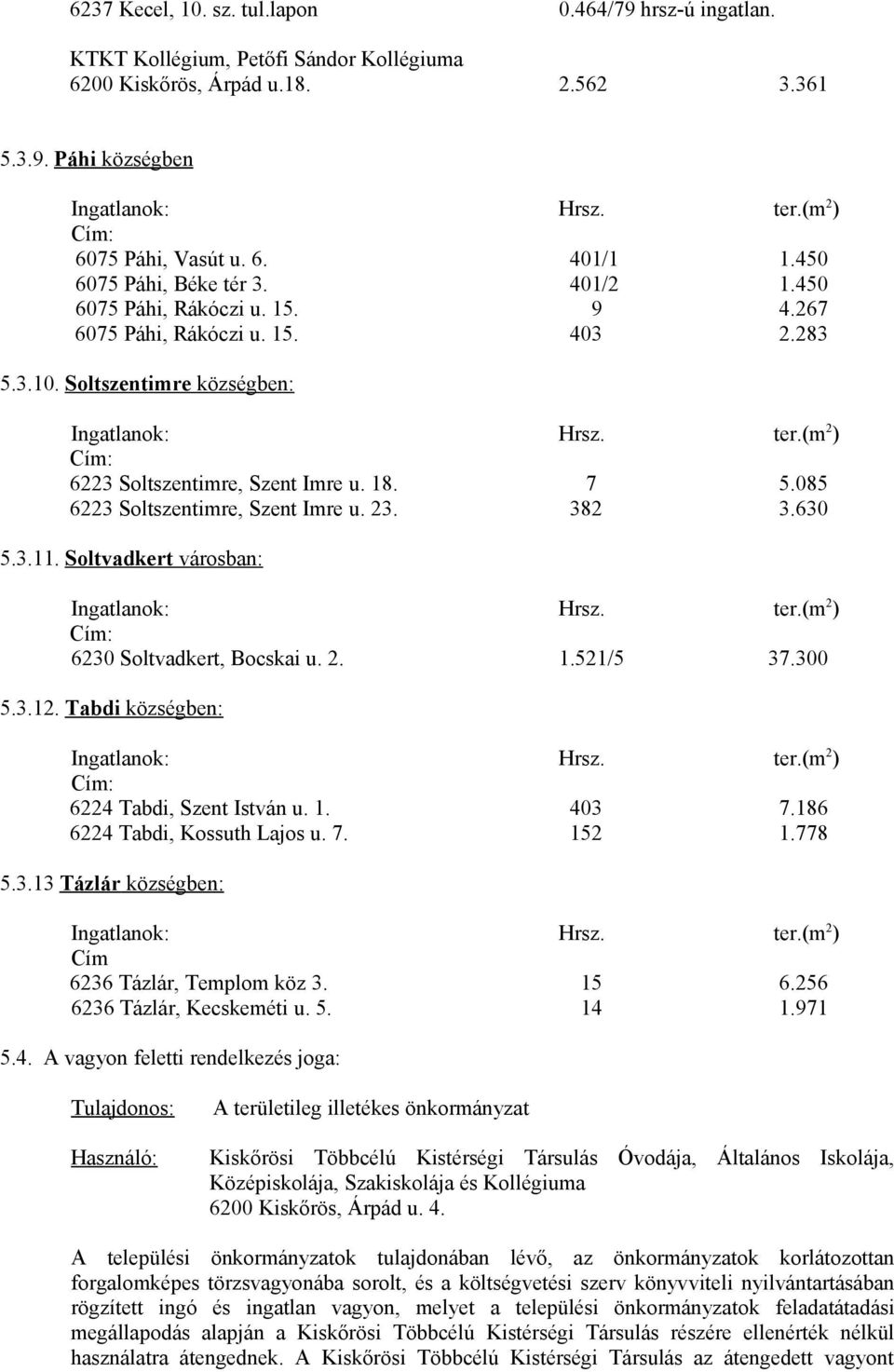 085 6223 Soltszentimre, Szent Imre u. 23. 382 3.630 5.3.11. Soltvadkert városban: 6230 Soltvadkert, Bocskai u. 2. 1.521/5 37.300 5.3.12. Tabdi községben: 6224 Tabdi, Szent István u. 1. 403 7.