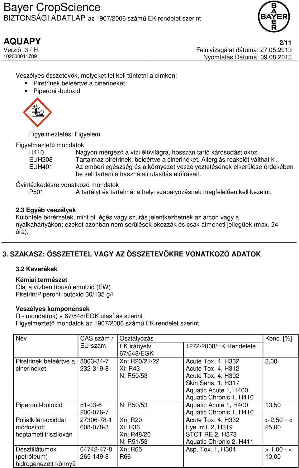 EUH401 Az emberi egészség és a környezet veszélyeztetésének elkerülése érdekében be kell tartani a használati utasítás előírásait.