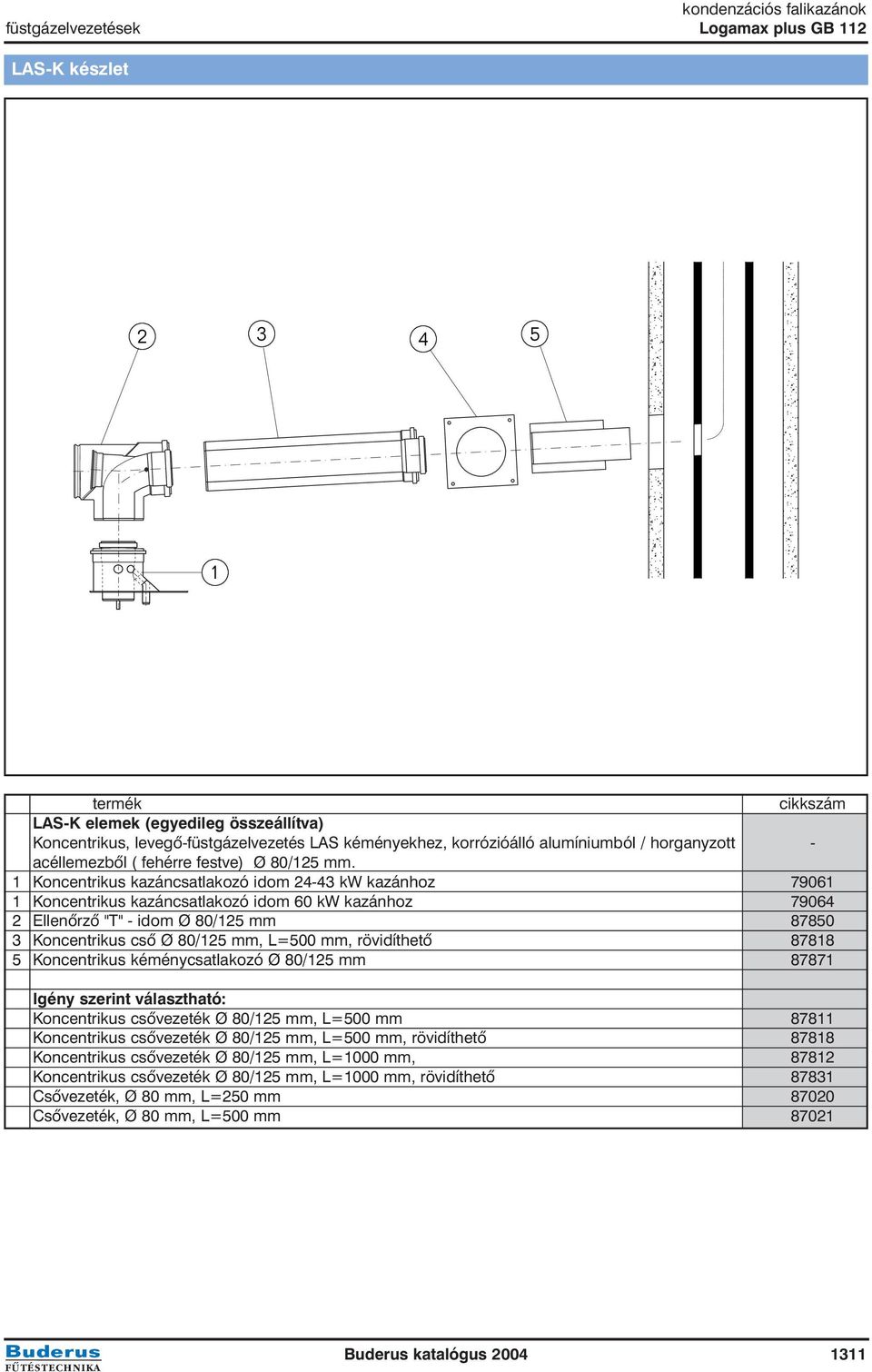 1 Koncentrikus kazáncsatlakozó idom 24-43 kw kazánhoz 79061 1 Koncentrikus kazáncsatlakozó idom 60 kw kazánhoz 79064 2 Ellenõrzõ "T" - idom Ø 80/125 mm 87 3 Koncentrikus csõ Ø 80/125 mm, L=500 mm,