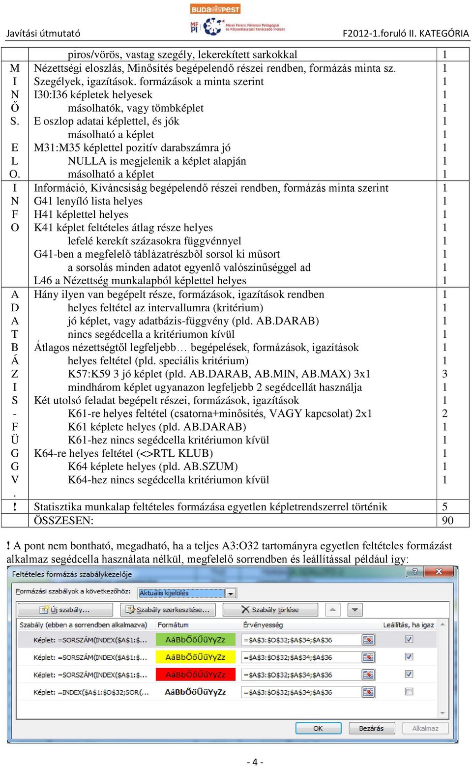 másolható a képlet nformáció, Kíváncsiság begépelendő részei rendben, formázás minta szerint G4 lenyíló lista helyes H4 képlettel helyes K4 képlet feltételes átlag része helyes lefelé kerekít