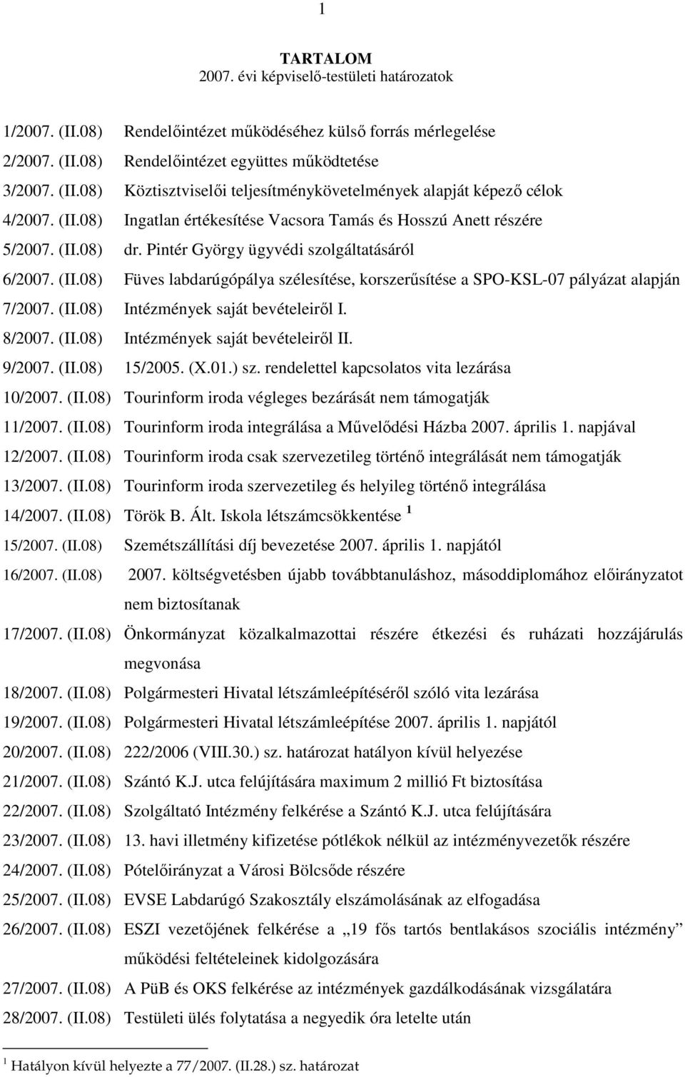 (II.08) Intézmények saját bevételeirıl I. 8/2007. (II.08) Intézmények saját bevételeirıl II. 9/2007. (II.08) 15/2005. (X.01.) sz. rendelettel kapcsolatos vita lezárása 10/2007. (II.08) Tourinform iroda végleges bezárását nem támogatják 11/2007.