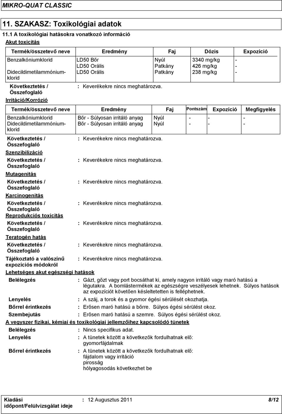 Benzalkóniumklorid LD50 Bőr Nyúl 3340 mg/kg - LD50 Orális Patkány 426 mg/kg - Didecildimetilammóniumklorid LD50 Orális Patkány 238 mg/kg - Benzalkóniumklorid Bőr - Súlyosan irritáló anyag Nyúl - - -