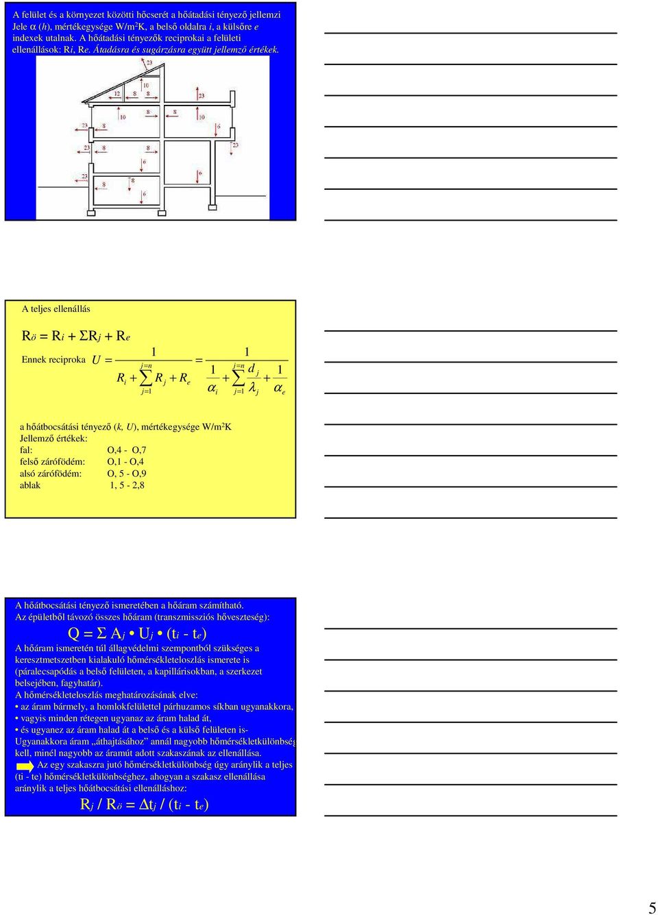 A teljes ellenállás Rö = Ri + ΣRj + Re Ennek reciproka U = = j= n j= n R + i 1 j= 1 R + R j e 1 + α i j= 1 1 d j 1 + λ α j e a hıátbocsátási tényezı (k, U), mértékegysége W/m 2 K Jellemzı értékek: