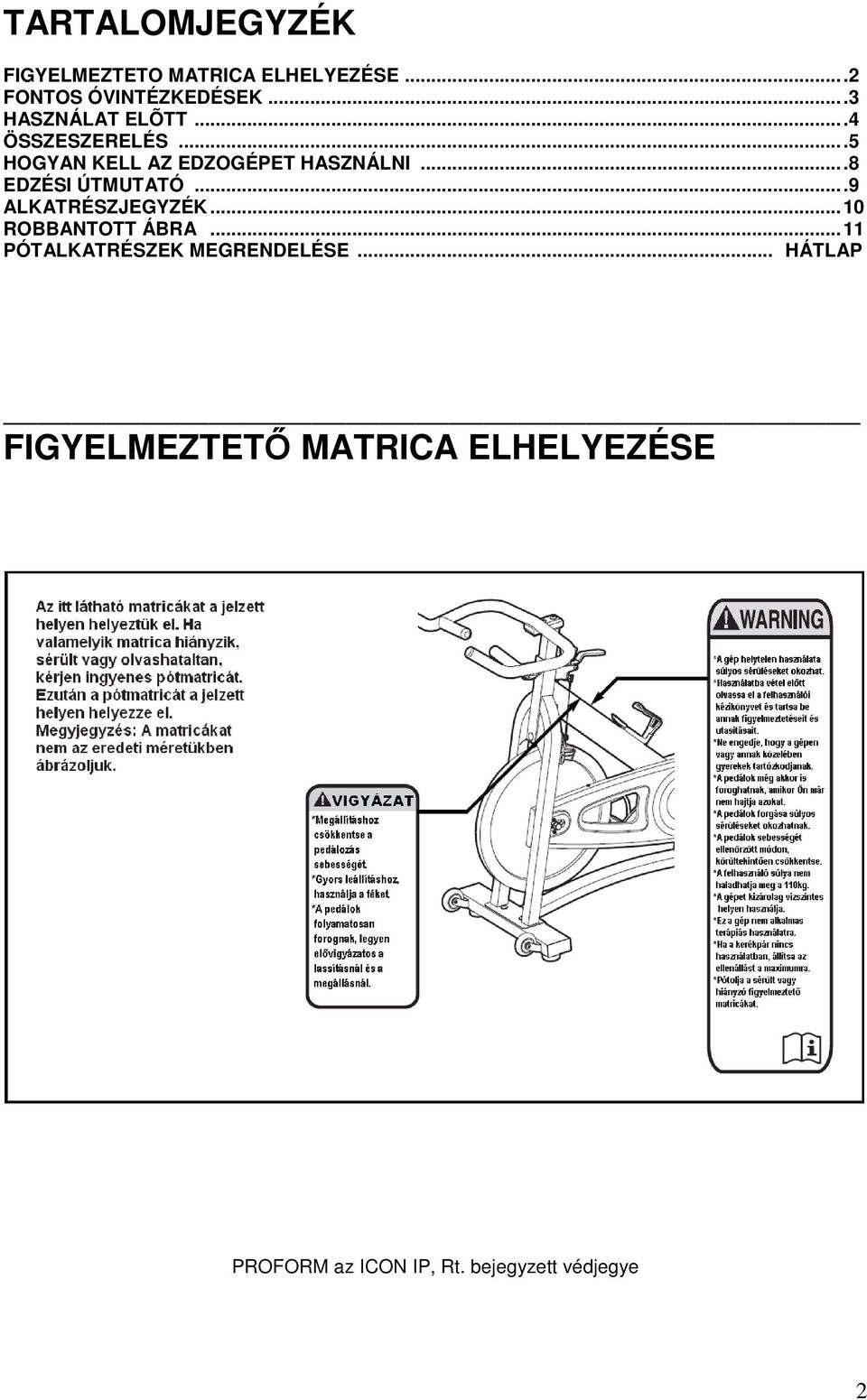 ..8 EDZÉSI ÚTMUTATÓ...9 ALKATRÉSZJEGYZÉK...10 ROBBANTOTT ÁBRA.