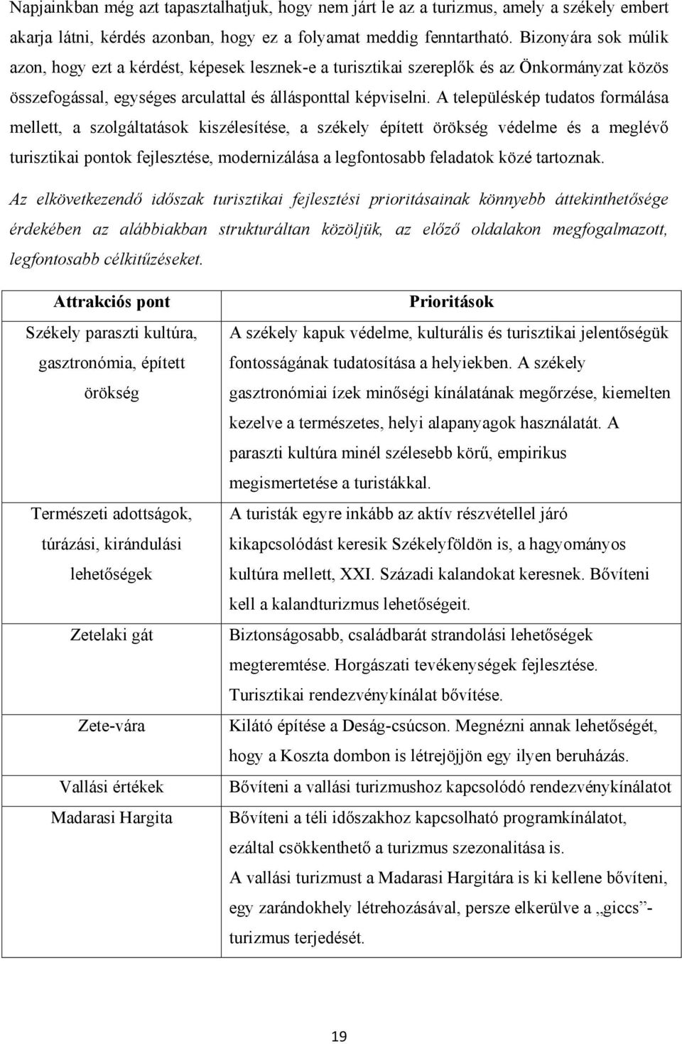 A településkép tudatos formálása mellett, a szolgáltatások kiszélesítése, a székely épített örökség védelme és a meglévő turisztikai pontok fejlesztése, modernizálása a legfontosabb feladatok közé