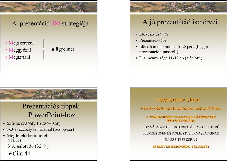 ) Prezentációs tippek PowerPoint-hoz 6x6-os szabály (6 szó-6sor) 3x3-as szabály táblázatnál (oszlop-sor) Megfelelő betűméret Min.